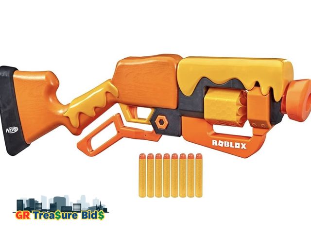 Lot 111-55442 - New Nerf Roblox Adopt Me!: Bees! Lever Action Dart Blaster, Rotating 8-Dart Drum, 8 Elite Darts, Cod...