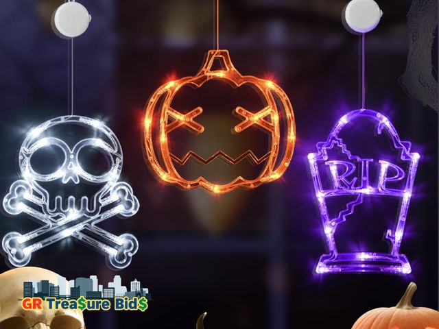 Lot 111-41530 - New LOLStar Halloween Decorations - 3 Pack Halloween Lights: Cross Tombstone, Witch hat, and pumkin,...