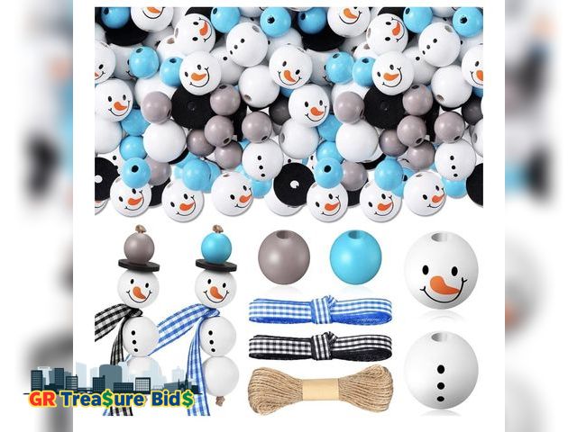 Lot 111-47211 - New 180 Piece Christmas Snowman Wooden Bead Winter Wooden Bead Christmas Buffalo Plaid Wood Round Pr...
