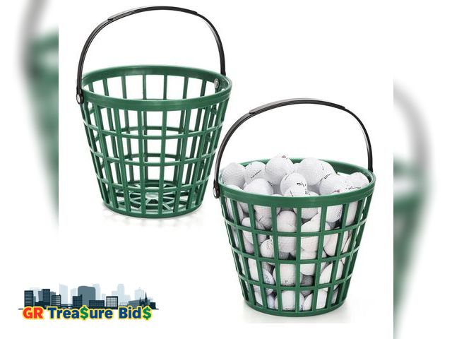 Lot 111-20827 - Bekith 2 Pack Plastic Golf Ball Basket, Golfball Container Bucket with Handle, Holds 50 Balls, Green
