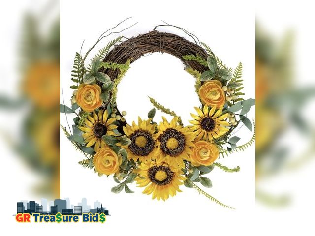 Lot 111-52124 - New Bibelot Artificial Sunflower Wreath Yellow Peony Flower Wreath 16 Inch Spring Summer Wreaths Gra...