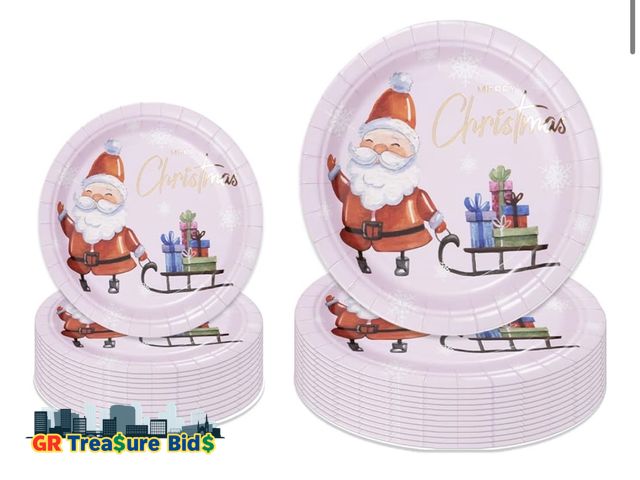 Lot 111-41521 - New LeZakaa 50Pcs Christmas Paper Plates Sets - Merry Christmas Lettering &amp; Santa Claus in Pink,...