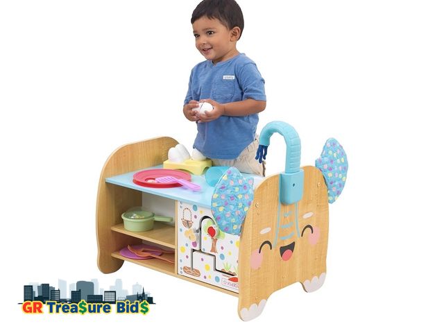 Lot 111-43038 - New KidKraft Foody Friends: Cooking Fun Elephant Wooden Toddler Activity Center and Play Kitchen wit...