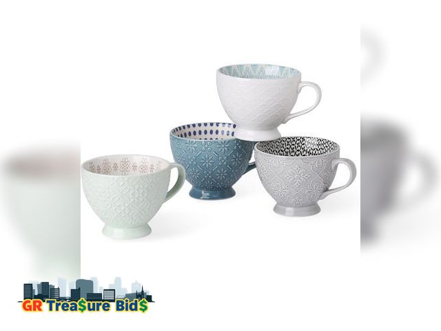 Lot 111-52061 - Signature Housewares Pad Print Set of 4 Assorted Footed 14oz Mugs, PP13 Multicolor