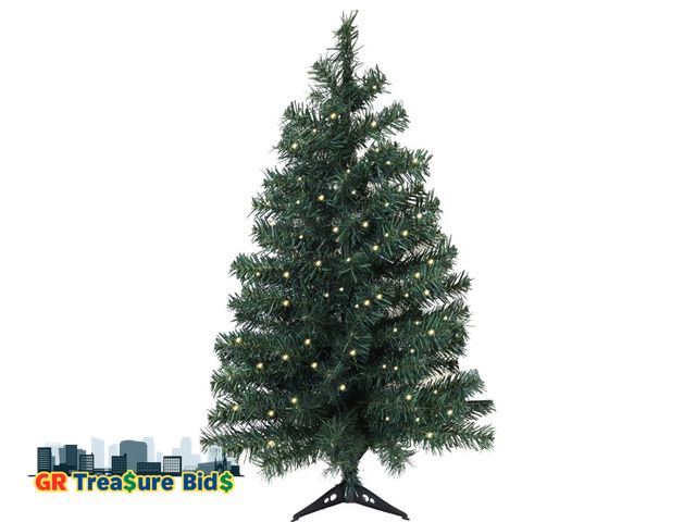 Lot 111-72627 - New 3ft Artificial Pre-lit Christmas Pine Tree with LED Warm Lights,Metal Hinges &amp; Foldable Base...