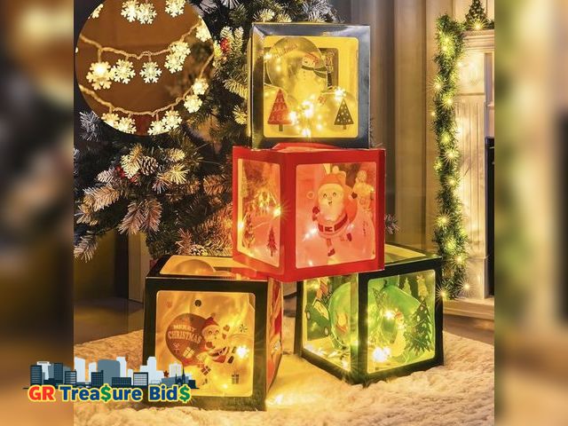 Lot 111-37231 - New Uptotop 4 Pcs Christmas Balloon Boxes with 4 Snowflake String Lights, 8 Sheets Xmas Stickers and...