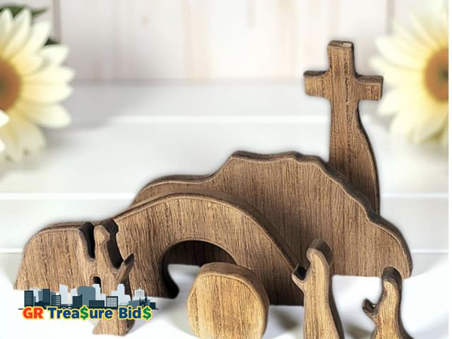 Lot 111-12147 - 7pcs Empty Tomb Easter Scene Cross Home Decor Set, Wooden Handmade Easter Resurrection, He Has Risen...