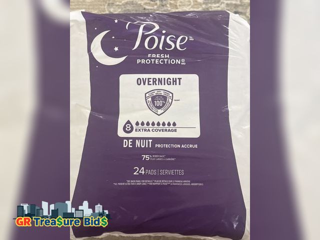 Lot 111-52414 - New Poise Overnight Incontinence &amp; Postpartum Pads for Bladder Leaks, 8 Drop Extra Coverage, 24 ...