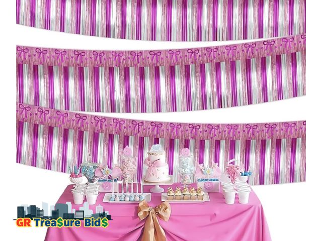 Lot 111-85566 - New Bow Birthday Decorations 4 Pack 40Ft Tinsel Foil Fringe Garland Streamers Hanging Pink Bow Fring...