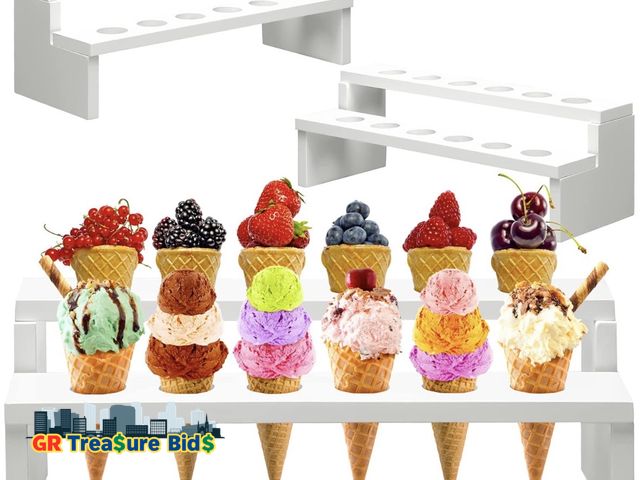 Lot 111-76191 - New Qunclay 1 Pack Wooden Ice Cream Cone Holder Stand 12 Holes Double Layers Charcuterie Food Holder...