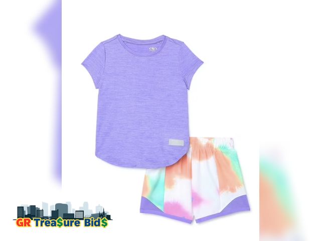 Lot 111-93087 - New ATHLETIC WORKS girls 5T shorts and t-shirt (purple/tie dye shorts).