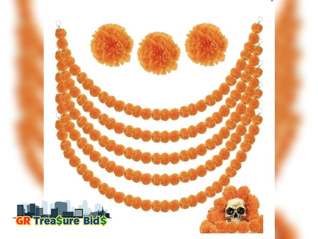 Lot 111-83063 - Greentime 3 Pcs Black White Orange Marigold Garland 5FT for Thanksgiving Day Diwali Decor Faux Garla...