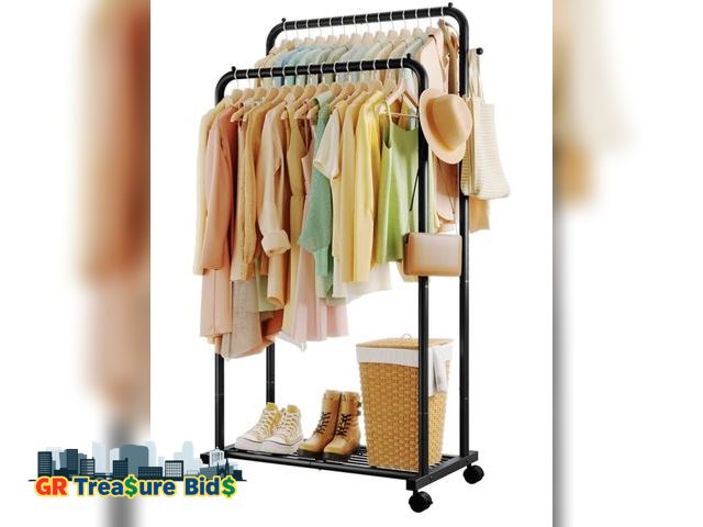 Lot 111-9063  - 1 Clothes Rack - Double Rods Clothing Rack with Mesh Shelf, Hooks &amp; Wheels, Metal Clothing Racks...