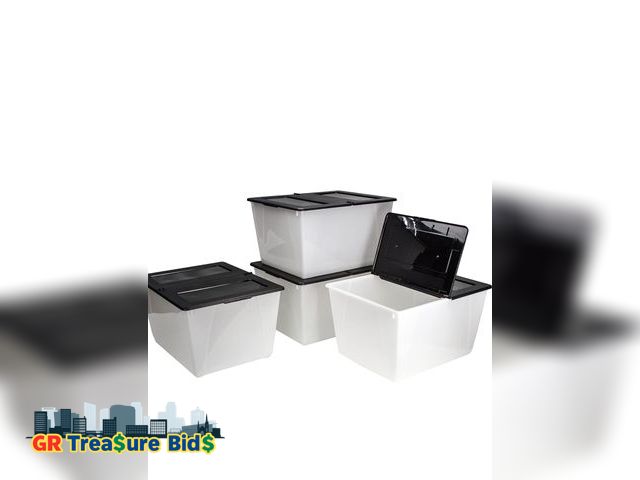 Lot 111-80102 - 4 New Plastic  Storex 16 Gallon (60L) Storage Tote with Folding Lid, 22.7 x 18.25 x 12.86 Inches, Fr...