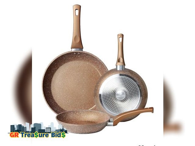 Lot 111-72772 - New Innerwell Nonstick Frying Pan Set, Set of 3 Non Stick Frying Pans, Gold Granite Induction Cookwa...