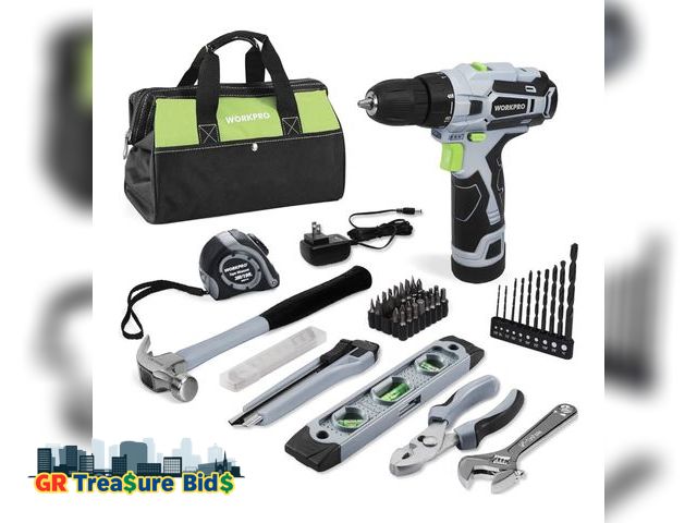 Lot 111-72672 - WORKPRO 12V Cordless Drill Driver and Home Tool Kit, Hand Tool Set for DIY, Home Maintenance, 14-inc...