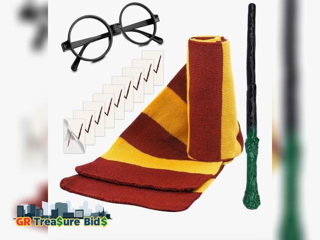 Lot 111-62679 - New Wizard Costume Accessories Set Novelty Scarf Wizard Wand Glasses with Round Frame No Lenses Tatt...