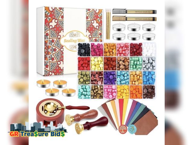 Lot 111-14176 - Paxcoo Sealing Wax Kit with Wax Seal Beads, Stamp, Warmer, Spoon, Envelopes for Letter Sealing