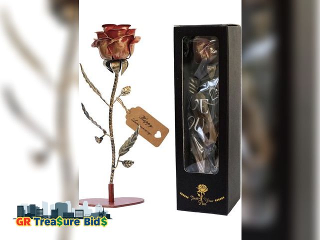 Lot 111-85786 - New Anniversary Bronze Gift for Her - Metal Rose with Happy Anniversary Card &amp; Base, 8th Wedding...