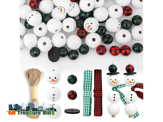 Lot 111-82391 - New AIEX 180pcs Christmas Snowman Wooden Beads Set, Winter Wooden Beads Christmas Beads with Hemp Ro...