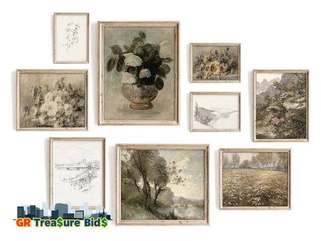 Lot 111-84390 - 9Pcs Vintage Wall Art Decor Prints Neutral Gallery Farmhouse Wall Decor Nature Landscape Flower Bota...