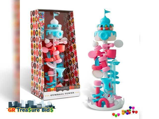 Lot 111-807626 - New FAO Schwarz Gumball Tower: Candy Dispenser with Plastic Container &amp; Lid