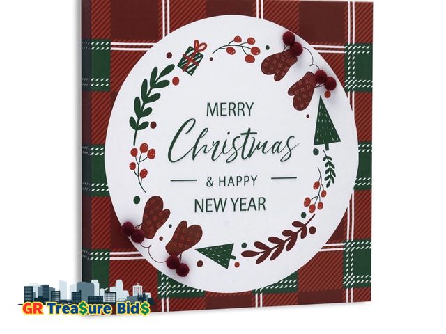 Lot 111-67577 - ArtbyHannah 12x12 Inch Christmas Canvas Wall Art, Framed Christmas Decor with 3D Greetings and Red B...