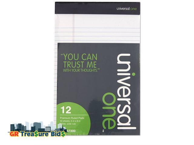Lot 111-91420 - Universal 57300 Premium Ruled Writing Pads, White, 5 x 8, Legal Rule, 50 Sheets (Pack of 12 Pads)