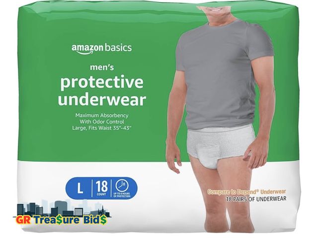 Lot 111-33018 - New Amazon Basics Incontinence Underwear for Men, Maximum Absorbency, Large, 18 Count (1 Pack)