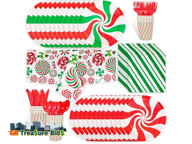 Lot 111-27498 - HOWAF 97pcs Christmas Candy Cane Party Supplies Tableware Set, Christmas Peppermint Candy Disposable...