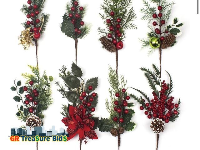 Lot 111-32833 - New 4Pack Artificial Christmas Picks - Assorted Red Berry Picks Stems &amp; Faux Pine Picks Spray wi...