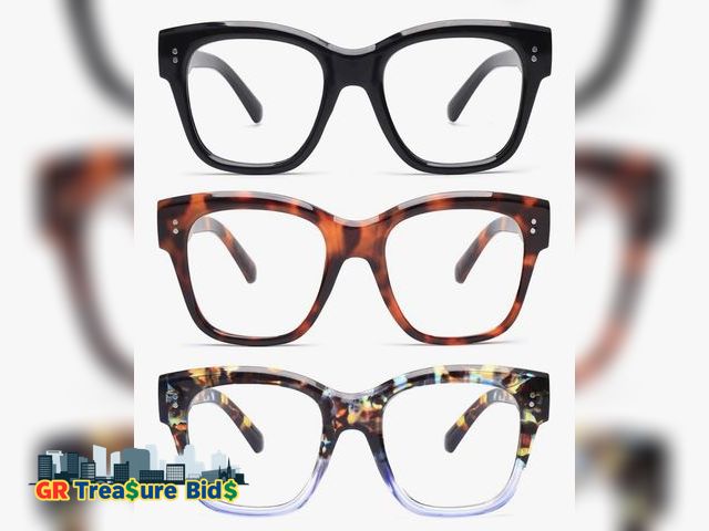 Lot 111-98232 - JM 3 Pack Oprah Style Reading Glasses for Women Men, Oversized Square Showbiz Blue Light Blocking Re...