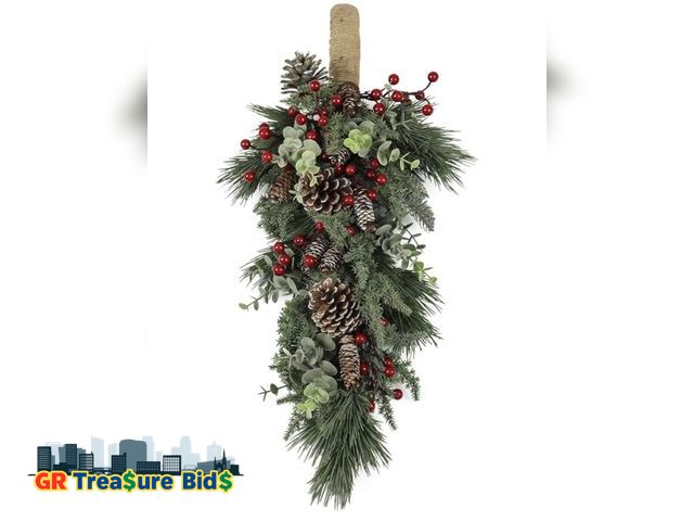 Lot 111-41197 - 23 Inch Christmas Swag for Front Door, Artificial Christmas Teardrop Decoration with Pine Needles an...