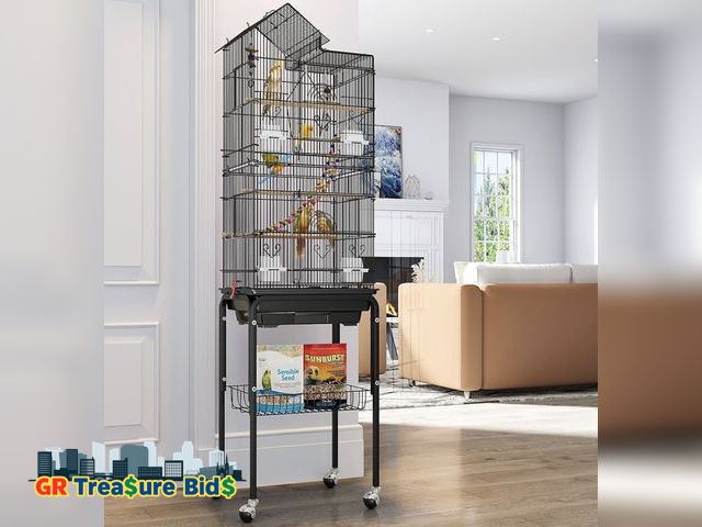 Lot 111-7652 - New 62 Inch Metal Bird Cage Large Cages for Parrot with Roof Top with Rolling Stand and Hanging Toys...
