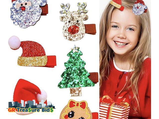 Lot 111-60836 - New 6 Pcs Christmas Hair Clips Xmas Hair Accessories Cute Santa Claus Christmas Tree Reindeer Glitte...