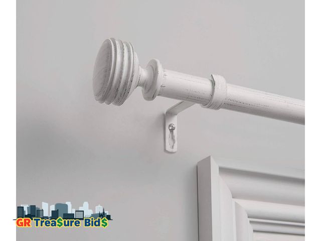 Lot 111-55548 - EXCLUSIVE HOME Duke 1" Curtain Rod and Coordinating Finial Set, Distressed White, Adjustable 36"-72"
