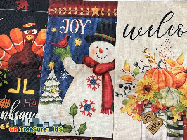 Lot 111-8537 - New lot of 3 CROWNED BEAUTY Fall Garden Flag Floral Mason Jars 12x18 Inch Double Sided Burlap for Ou...