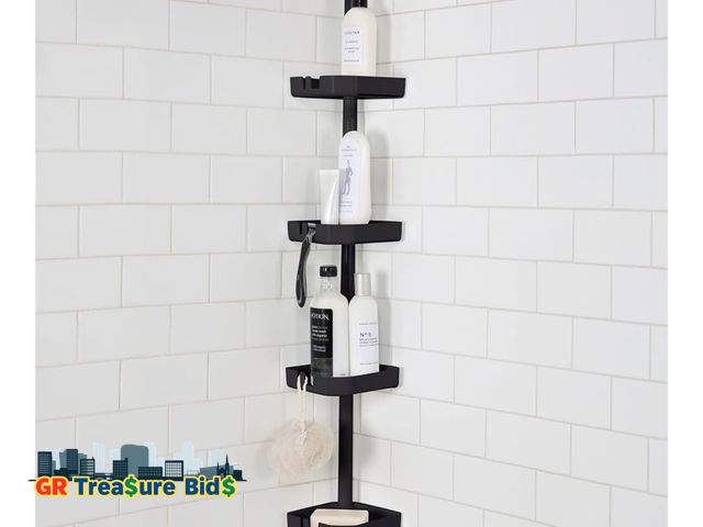 Lot 111-14044 - Bath Bliss 4 Tier Aluminum Tension Corner Shower Organizer Caddy in Matte Black