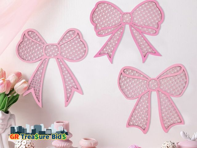 Lot 111-63080 - New Weysat 3 Pieces Pink Bow Boho Wall Decor Natural Rattan Wall Hanging Art Wooden Coquette Bow Boh...