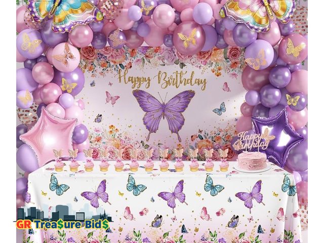 Lot 111-29885 - Butterfly Birthday Decorations Party Supplies for Girls Women with Pink Purple Balloon Arch Kit Back...