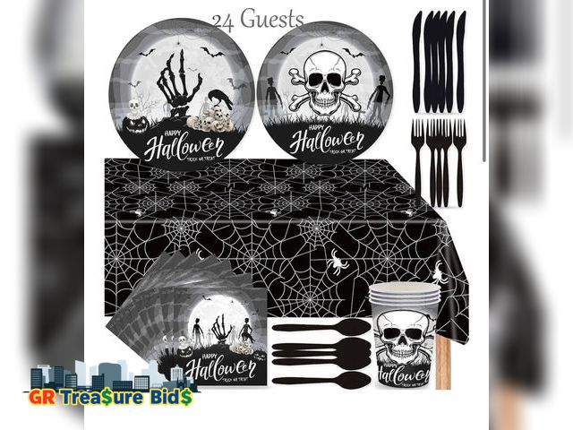 Lot 111-65369 - New Halloween Skull Themed Tableware Set - 169 Pcs, Black Plates, Cups, Napkins, Knives, Forks, Spoo...