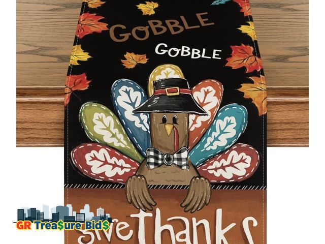 Lot 111-84255 - New Artoid Mode Black Turkey Give Thanks Thanksgiving Table Runner, Seasonal Fall Autumn Kitchen Din...