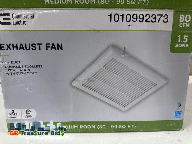 Lot 111-57102 - Commercial Electric 80 CFM 1.5 Sone Bathroom Roomside Exhaust Fan - White missing cap