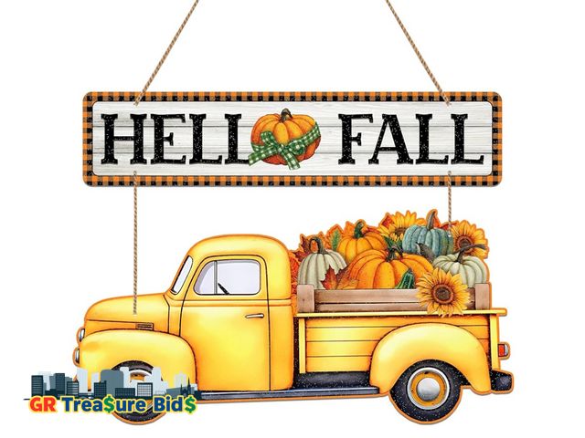 Lot 111-30542 - New SICOHOME Hello Fall Truck Sign Pumpkin Front Door Hanger Thanksgiving Decorations for Home Truck...