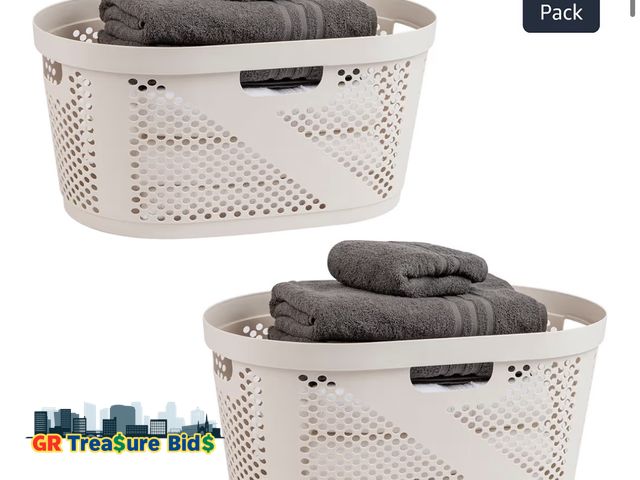 Lot 111-80836 - Mind Reader 40L Laundry Basket, Clothes Hamper, Premium Wicker Design, Plastic, Set of 2, Ivory