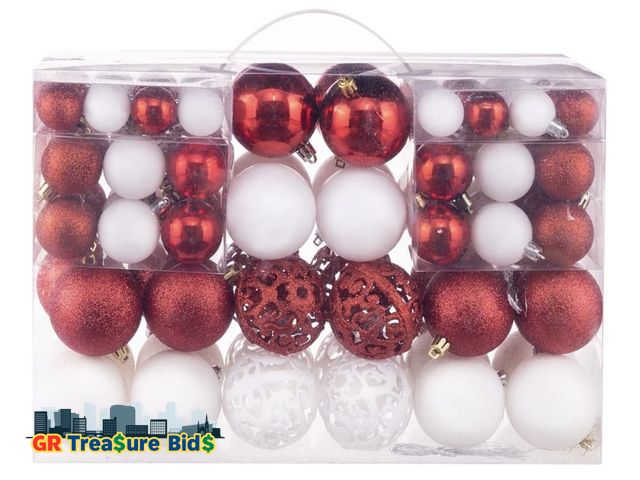 Lot 111-21208 - New Christmas Ball Ornament Set, Red White Ornaments for Xmas Tree Decor Plastic Shatterproof Decora...