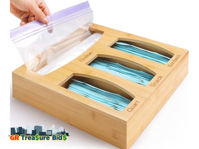 Lot 111-72582 - Bamboo Food Bag Storage Organizer for Kitchen Drawer, Baggie Holder for Solimo, Glad, Hefty Gallon, ...