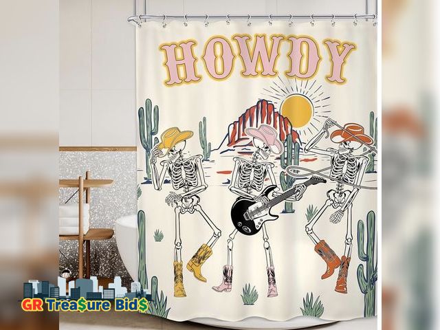 Lot 111-17436 - New Western Cowboy Skull Shower Curtain Funny Halloween Skeleton Retro Howdy Wild West Desert Gothic...