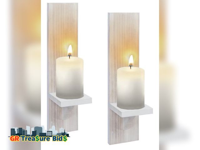 Lot 111-90869 - New Wall Candle Sconces Set of Two, Wash White Wood Wall Candle Holder Decor, Farmhouse Wooden Candl...