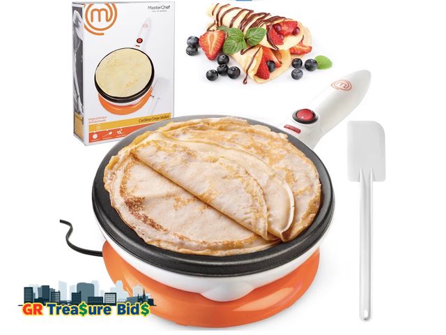 Lot 111-80747 - MasterChef Cordless Crepe Maker with Nonstick Dipping Plate plus Electric Base &amp; Spatula, Recipe...